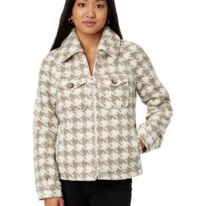 Avec Les Filles Brown and White Houndstooth Plaid Fleece Jacket